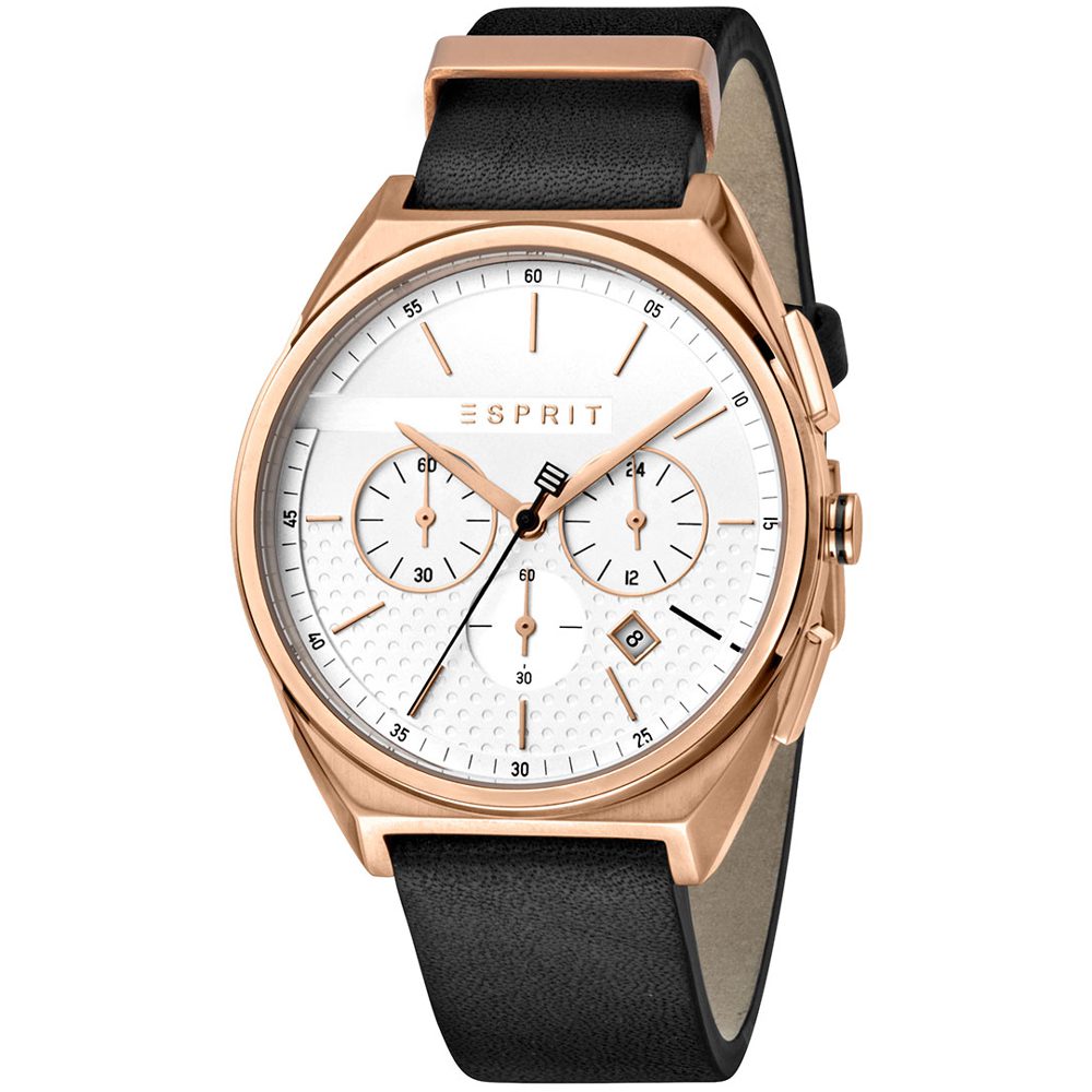 Esprit heren Horloge ES1G062L0035 -Chronograaf - leren armband - gouden staal - 3ATM - heren polshorloge
