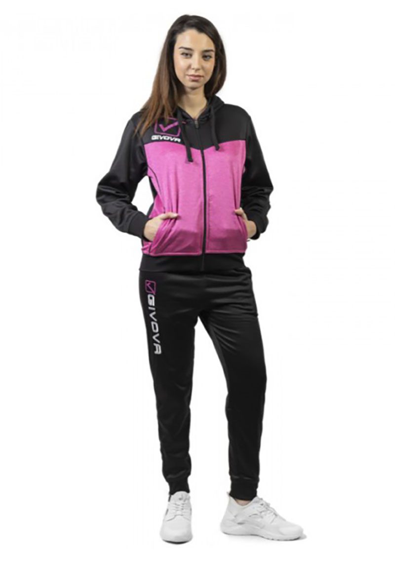 Givova Italiaanse merk dames - sport set - ritssluiting - capuchon - Zwart en Roze maat M | Felices.nl