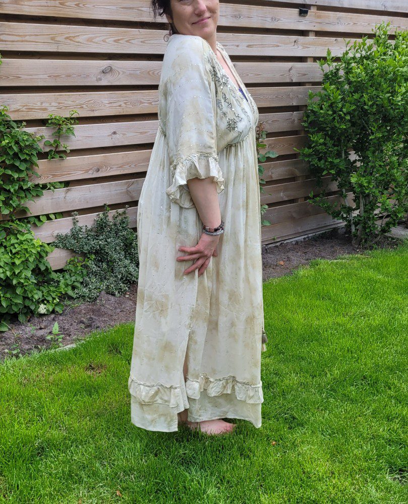 Verbazing Verzorger Roman Boho maxI jurk van katoen met paletten open rug en decolleté, brede model  Kaki kleur maat 40 | Felices.nl