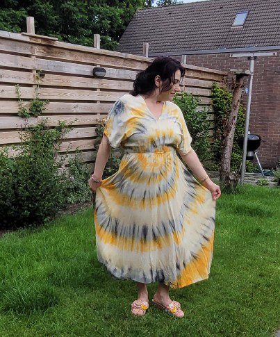 Balinese boho zomer maxi jurk GEEL kleur talie, open rug maat 38-42 | Felices.nl