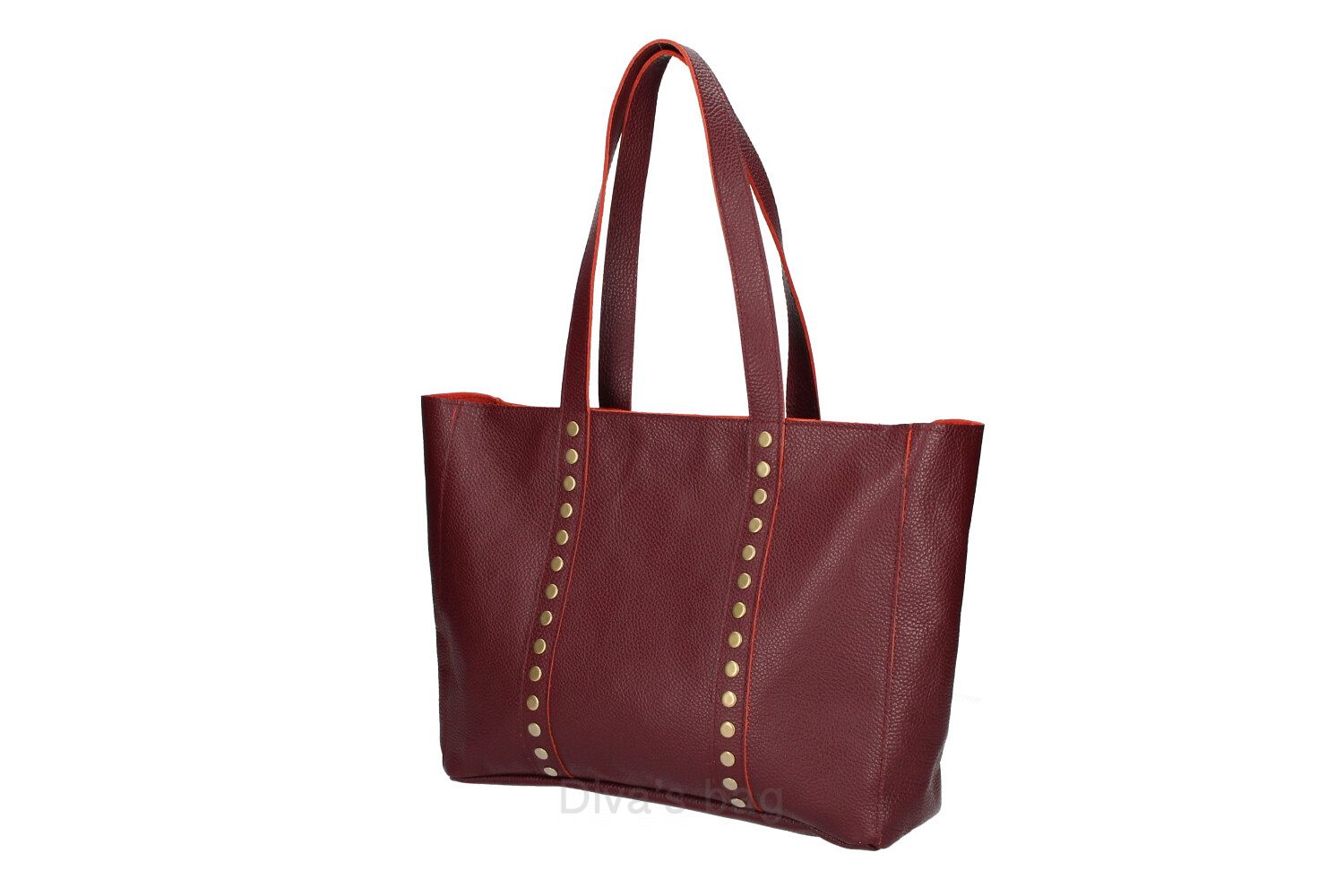 Maxi leren tas met messing studs - brede schouderband - shopper - kleur BORDEAUX