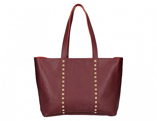 Maxi leren tas met messing studs - brede schouderband - shopper - kleur BORDEAUX