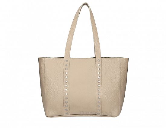 Maxi leren tas met messing studs - brede schouderband - shopper - kleur BEIGE