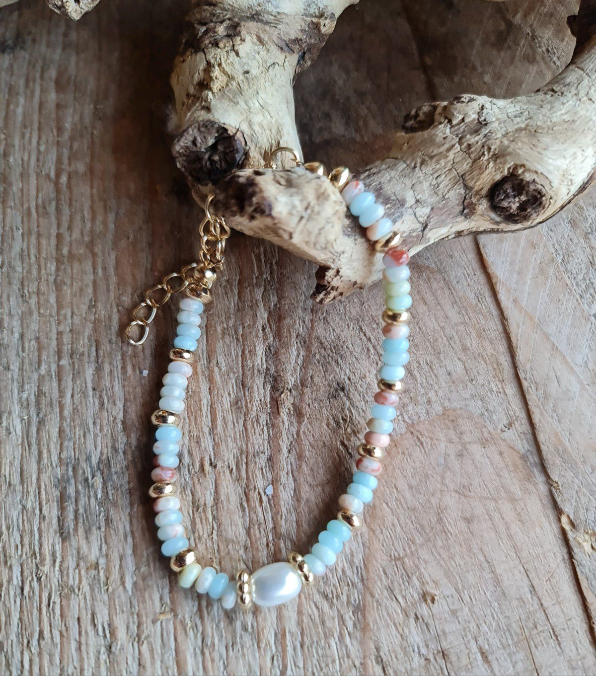 Handgemaakte edelsteen armband van Aquamarijn en parel - blauwe tinten 1st