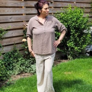 Linnen broek met elastische talie in LICHT BRUIN, Maat 38/40