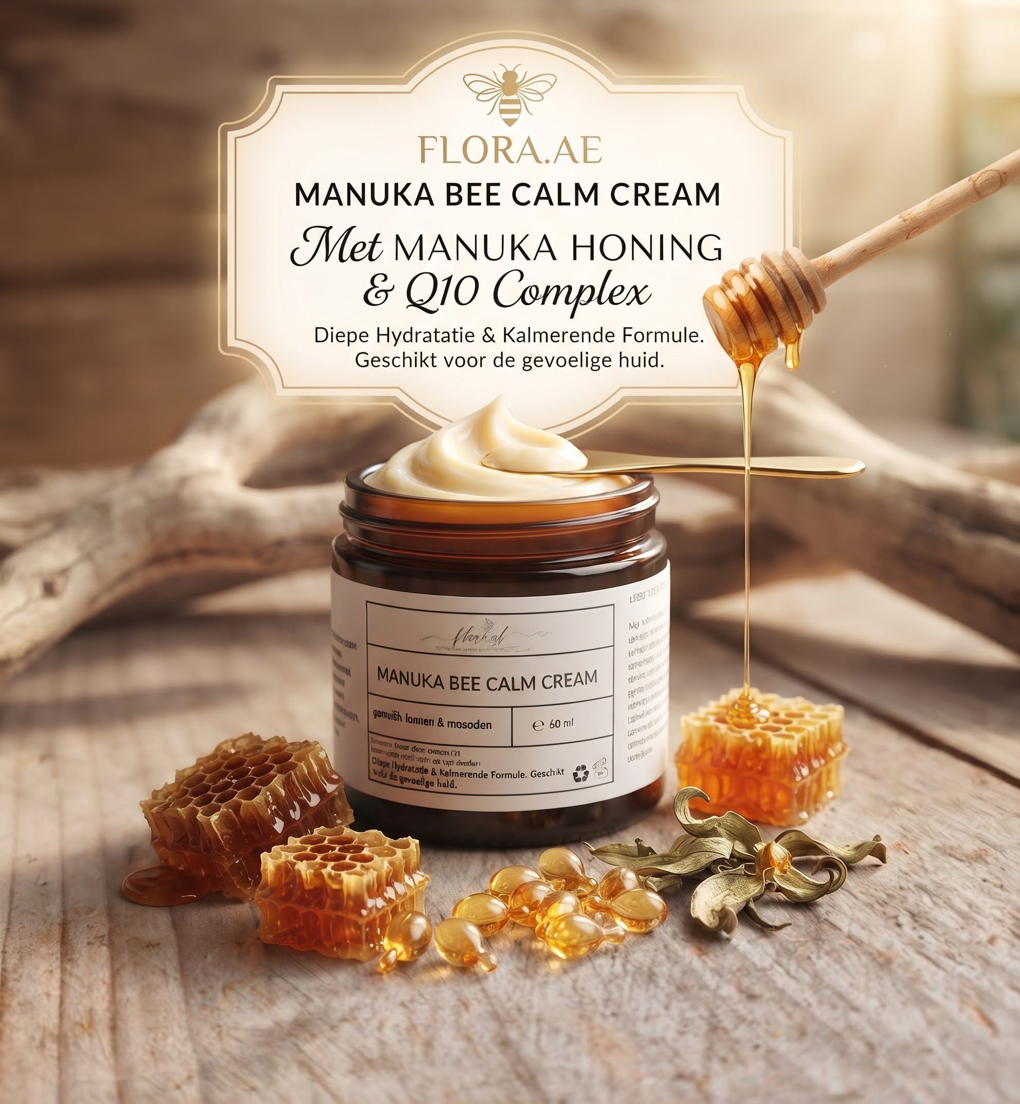 Handgemaakte Manuka honing kalmerende gezicht creme - honing- Co-enzyme Q10 60ml