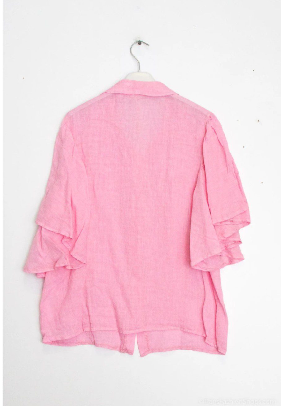 Luchtige linnen blouse met krag - Korte mouwen met ruches - ROZE - maat 38/40