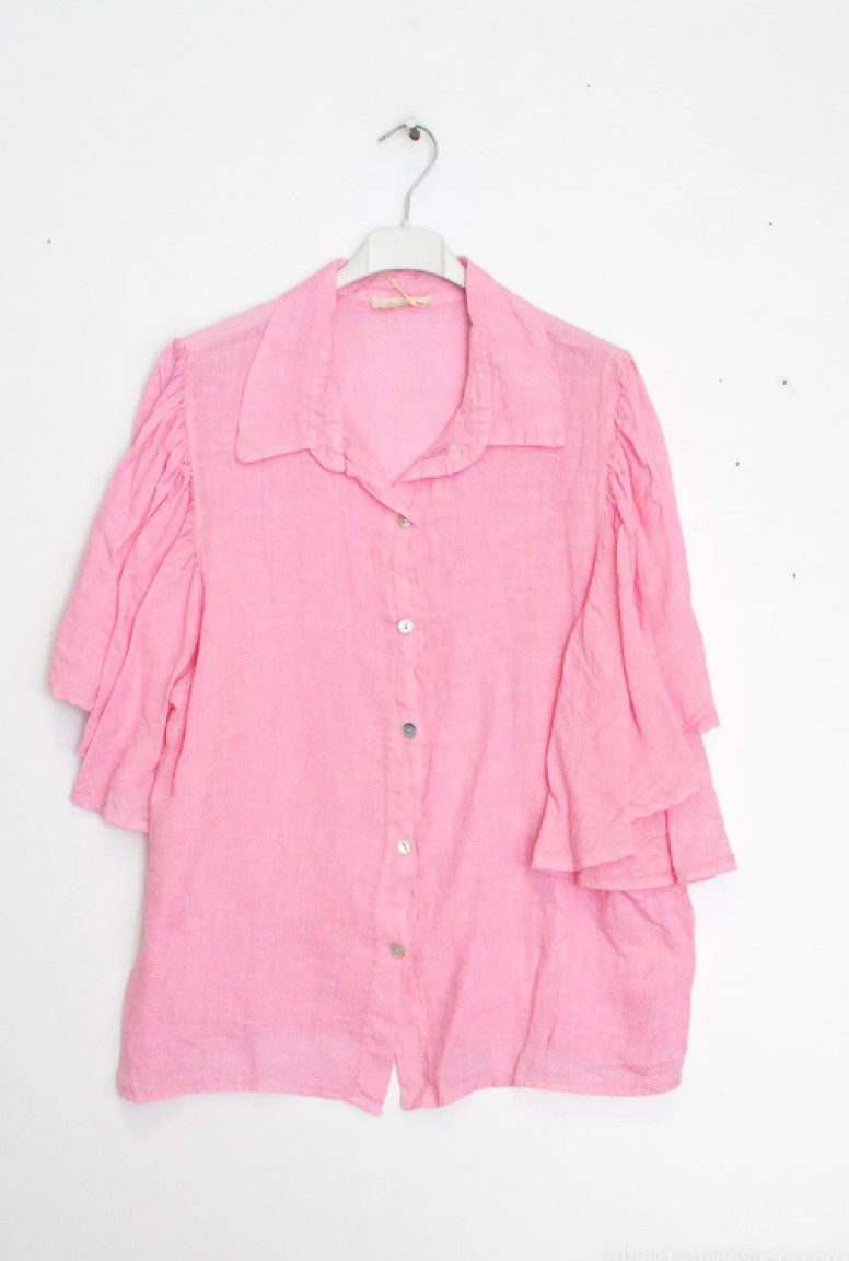 Luchtige linnen blouse met krag - Korte mouwen met ruches - ROZE - maat 38/40