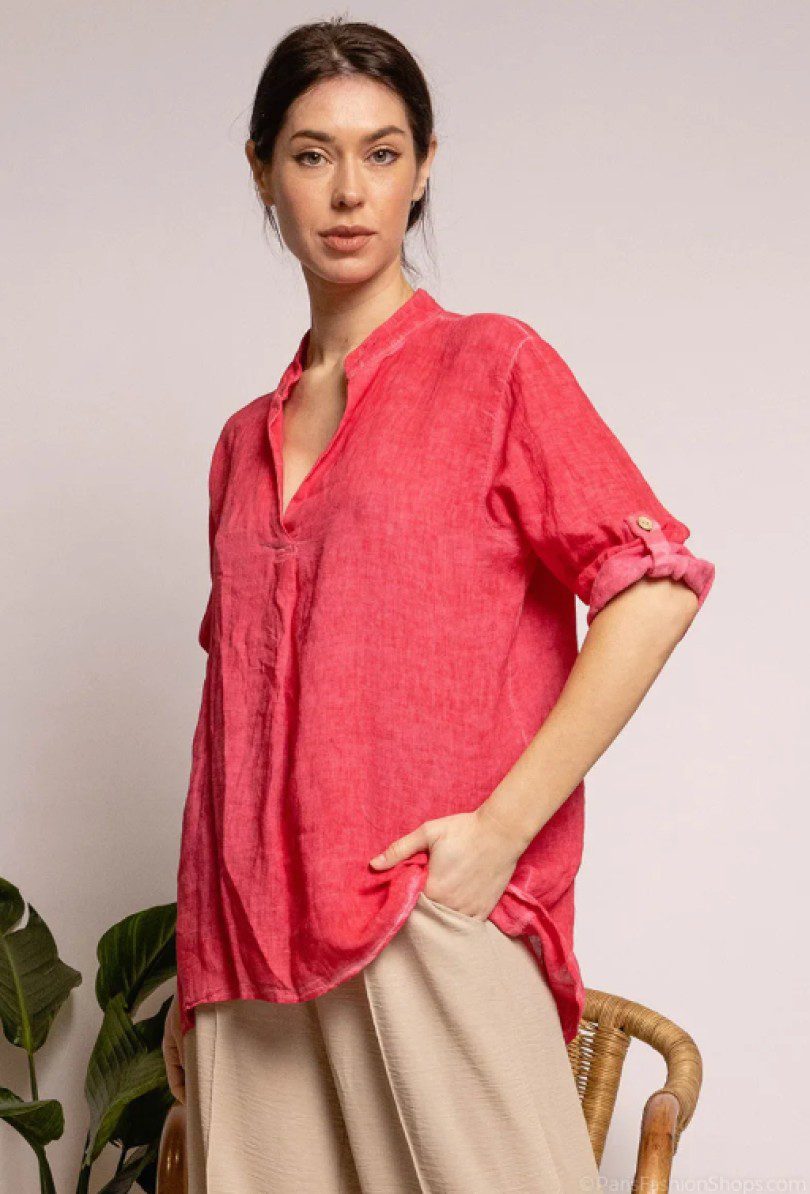 Blouse van puur gewassen linnen met v-hals  – oprolbare 3/4 mouwen - FRAMBOOS - Maat M