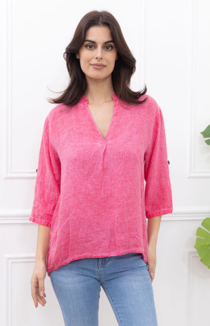 Blouse van puur gewassen linnen met v-hals  – oprolbare 3/4 mouwen - FUCHSIA - Maat M