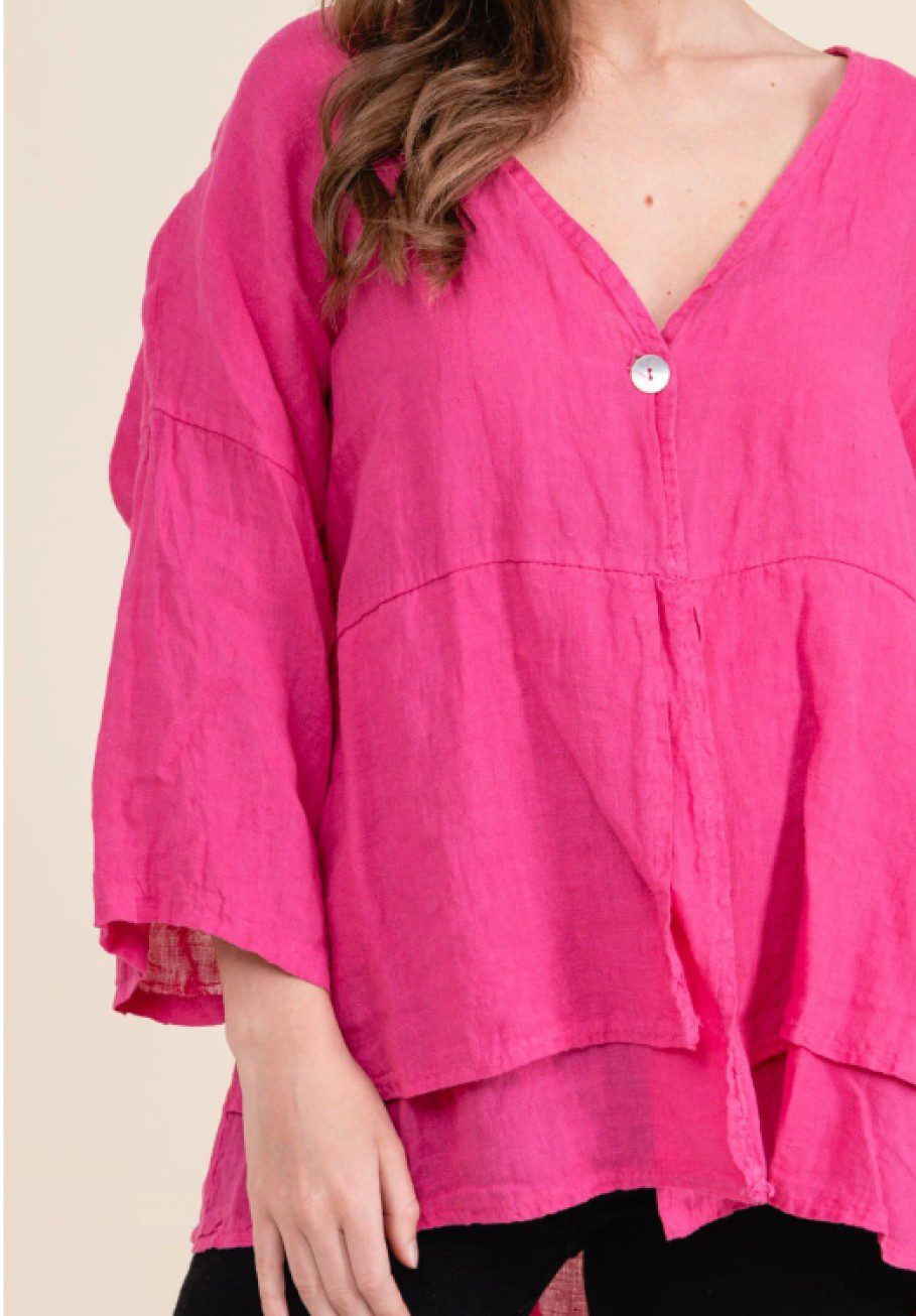 Luchtige linnen blouse en vest met een knop - 3/4 mouwen - FUCHSIA - maat 40-42