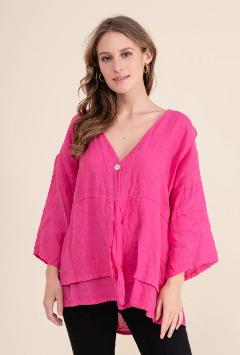 Luchtige linnen blouse en vest met een knop - 3/4 mouwen - FUCHSIA - maat 40-42