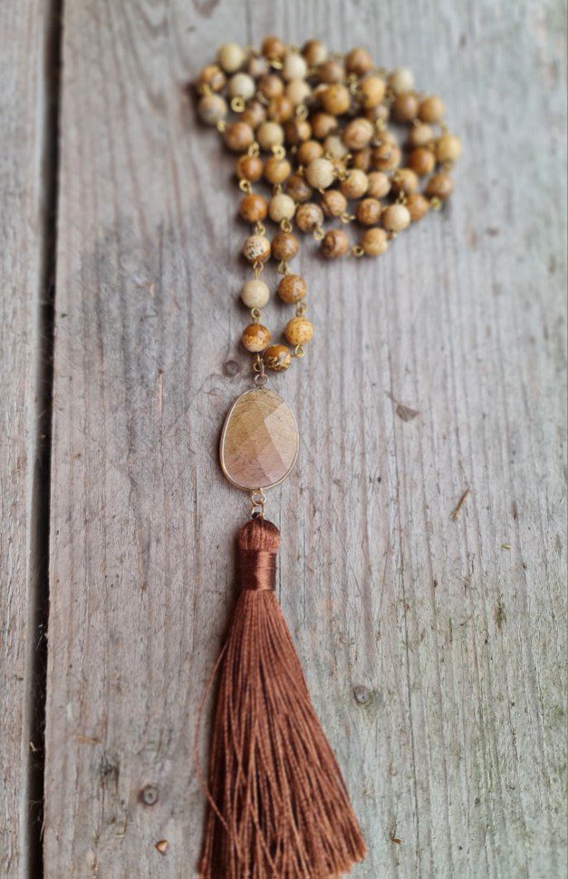 Boho lange edelsteen ketting - kralen Picture Jaspis - BRUIN rond hanger 80cm