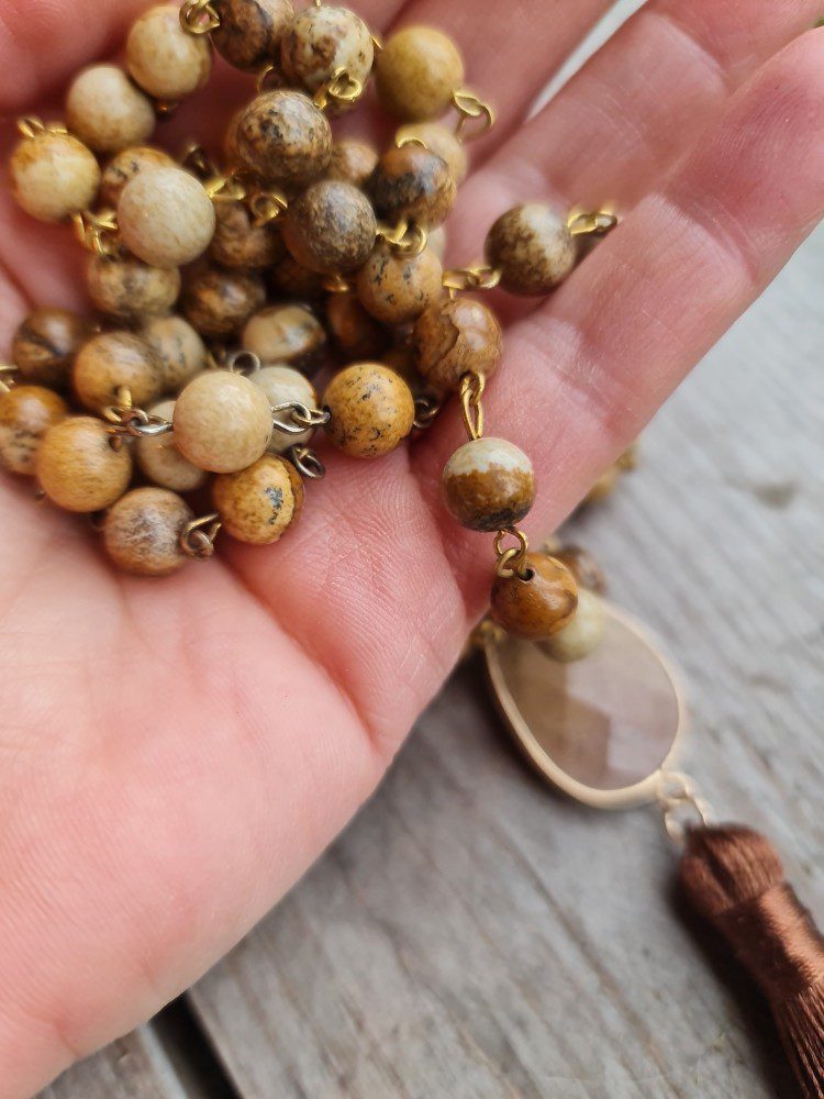 Boho lange edelsteen ketting - kralen Picture Jaspis - BRUIN rond hanger 80cm - Afbeelding 2