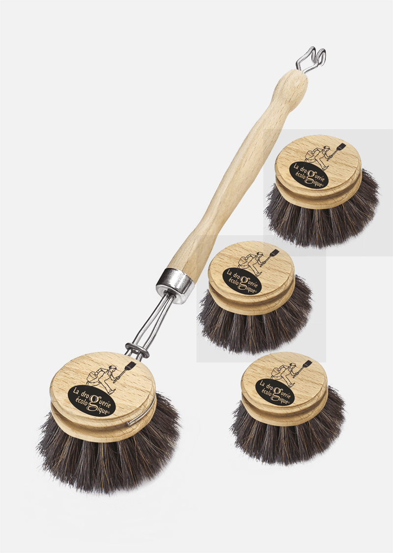 Ecologische Afwasborstel van paardenhaar met 4 koppen - doeltreffend in boorden wassen