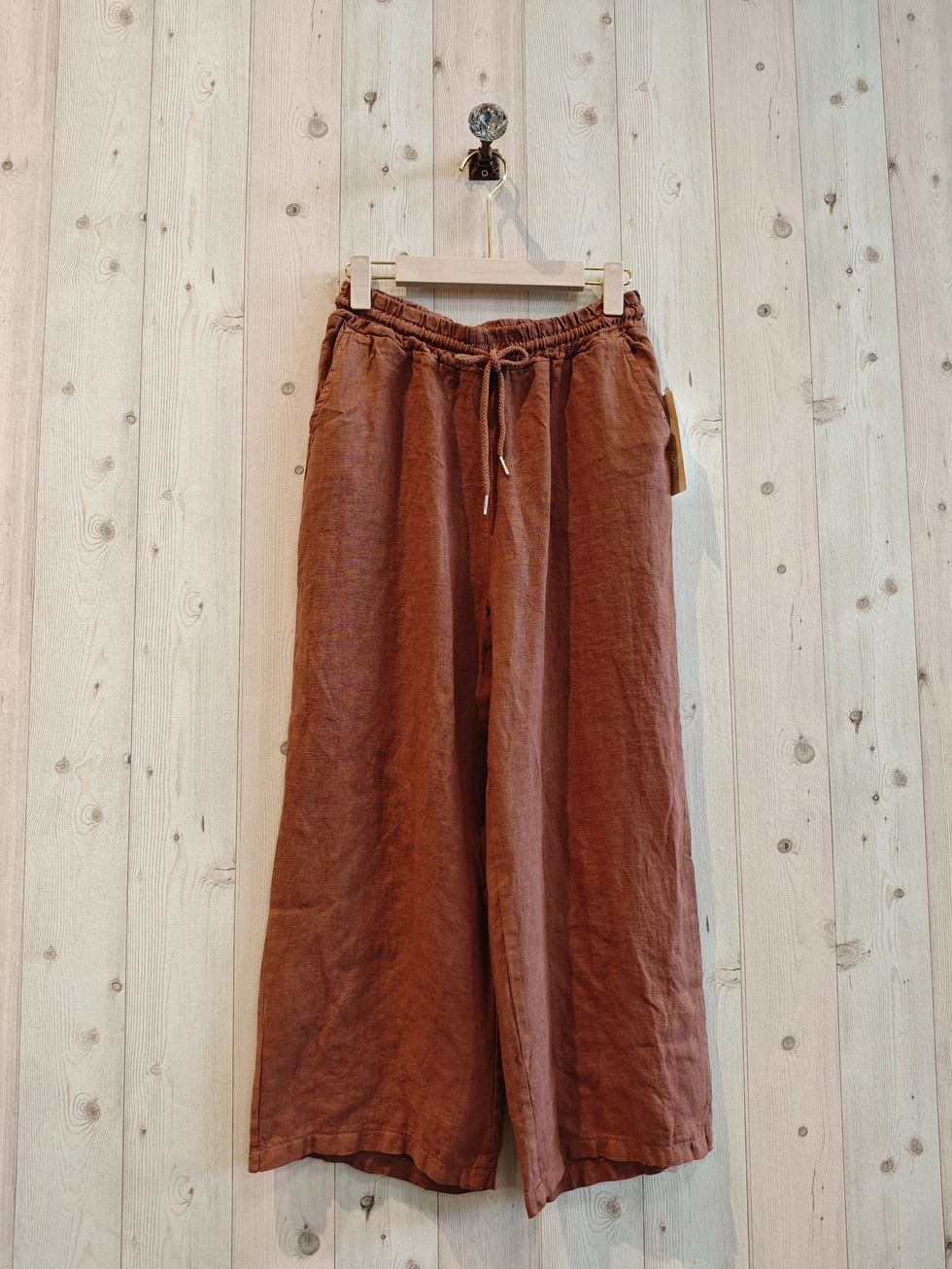 Linnen broek met elastische talie en trekkoord - zij zakken - kleur BRUIN - maat 40/42