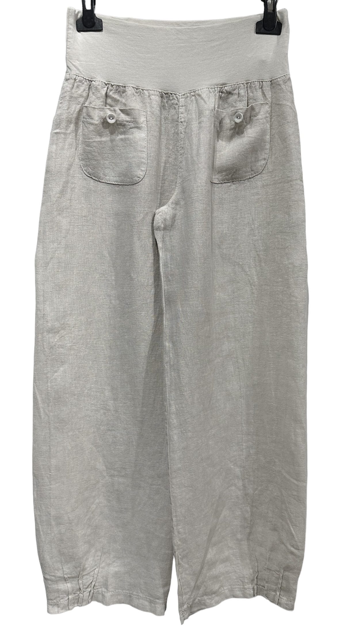 Linnen broek met brede elastische talie - steekzakjes - rechte pijpen - kleur BEIGE - maat 40/42