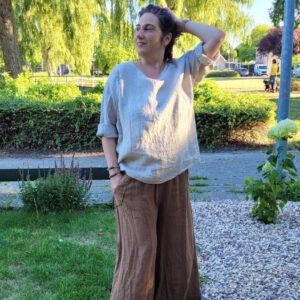 Linnen lange broek met zijzakken en brede pijpen, BRUIN, Maat M/L