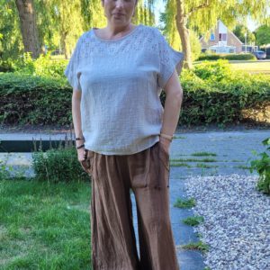 Linnen lange broek met zijzakken en brede pijpen, BRUIN, Maat M/L