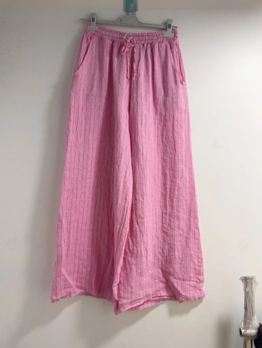 Linnen broek met zij zakken- elastische talie - gestreept - kleur ROZE - Maat 40/42