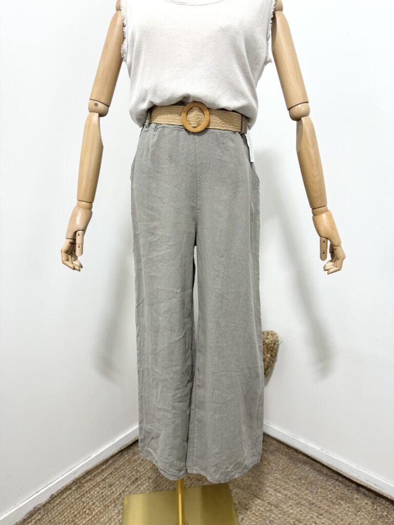 Linnen broek met een rieten ceintuur en zijzakken - elastische talie - kleur KAKI- maat 38/40