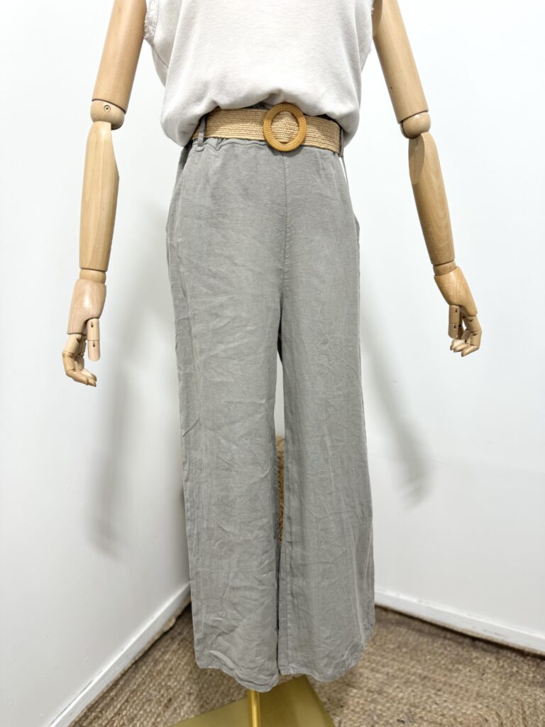 Linnen broek met een rieten ceintuur en zijzakken - elastische talie - kleur KAKI- maat 38/40