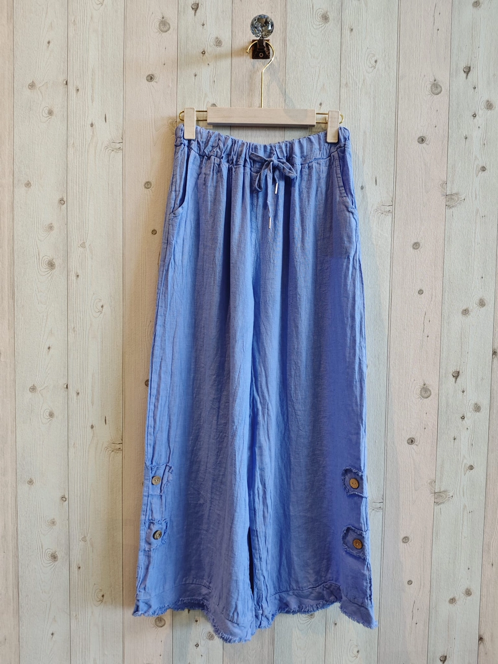 Linnen broek met elastische talie en zijzakken - knoppen op de pijpen -  BLAUW - maat 42