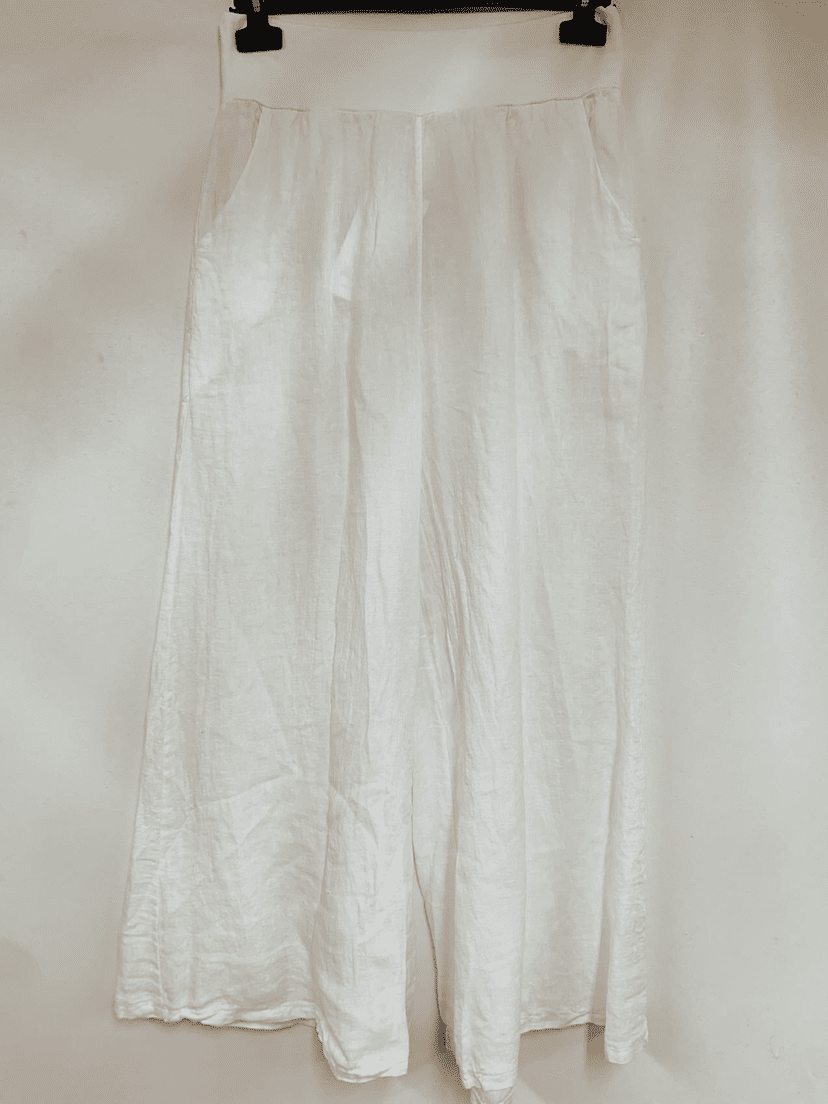 Linnen lange broek in WIT zijzakken en brede elastische talieband,  Maat M/L