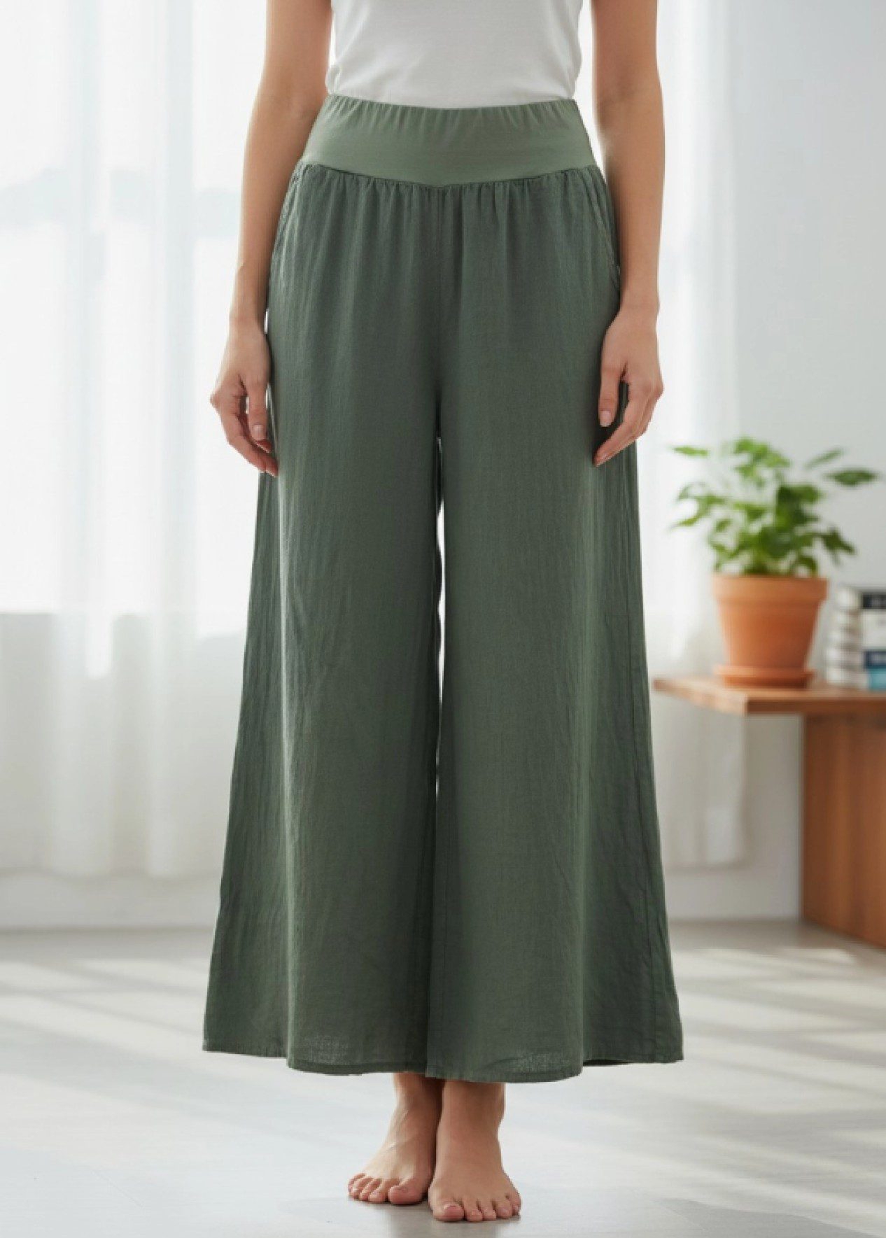 100% linnen Wijde vloeiende broek met hoge taille en zijzakken MILITAIR GROEN - maat M/L