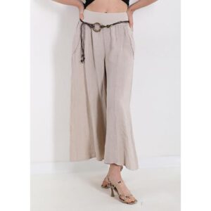 Linnen lange broek, Beige kleur, zijzakken en ceintuur, Maat M/L