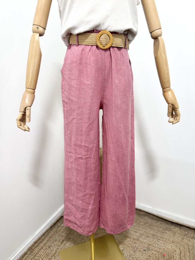 Linnen broek met een rieten ceintuur en zijzakken - elastische talie - kleur AS ROZE- maat 38/40