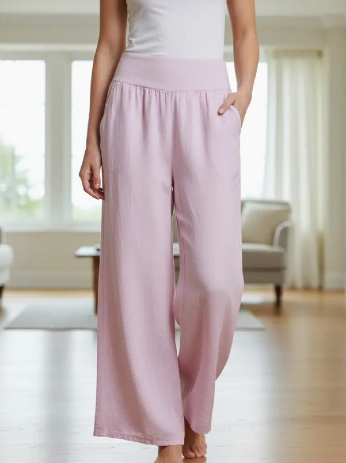 100% linnen Wijde vloeiende broek met hoge taille en zijzakken ROZE - maat M/L