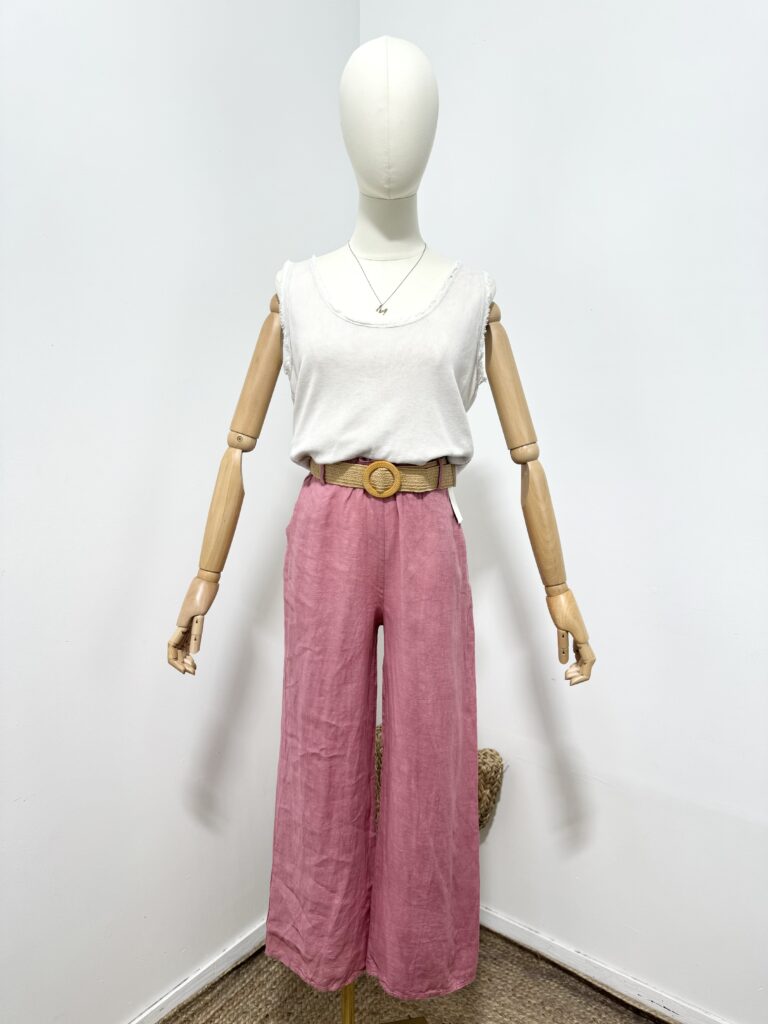 Linnen broek met een rieten ceintuur en zijzakken - elastische talie - kleur AS ROZE- maat 38/40