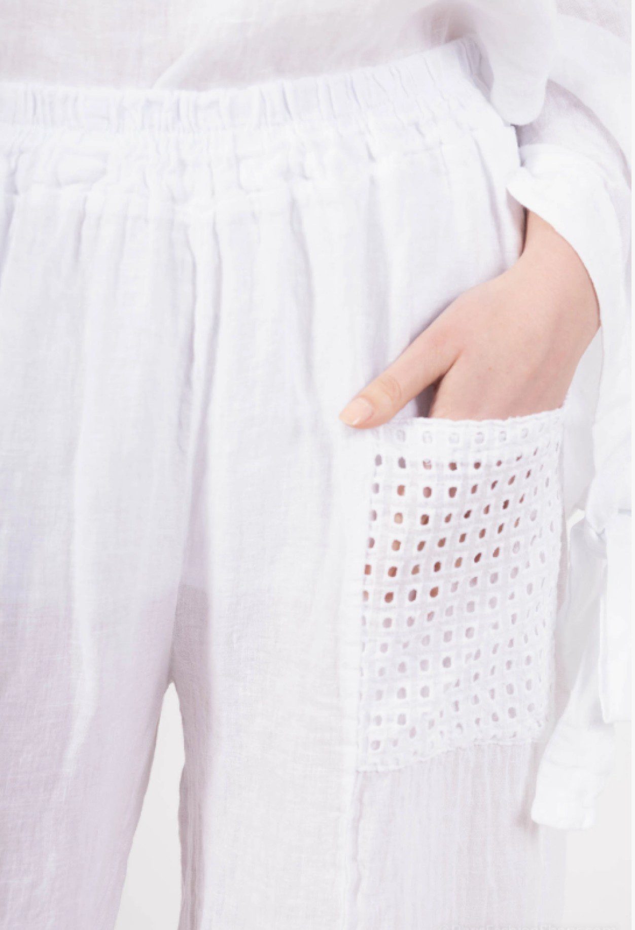 Puur linnen Wijde broek met elastische taille en opengewerkte steek zakken - WIT - maat M/L - Afbeelding 3