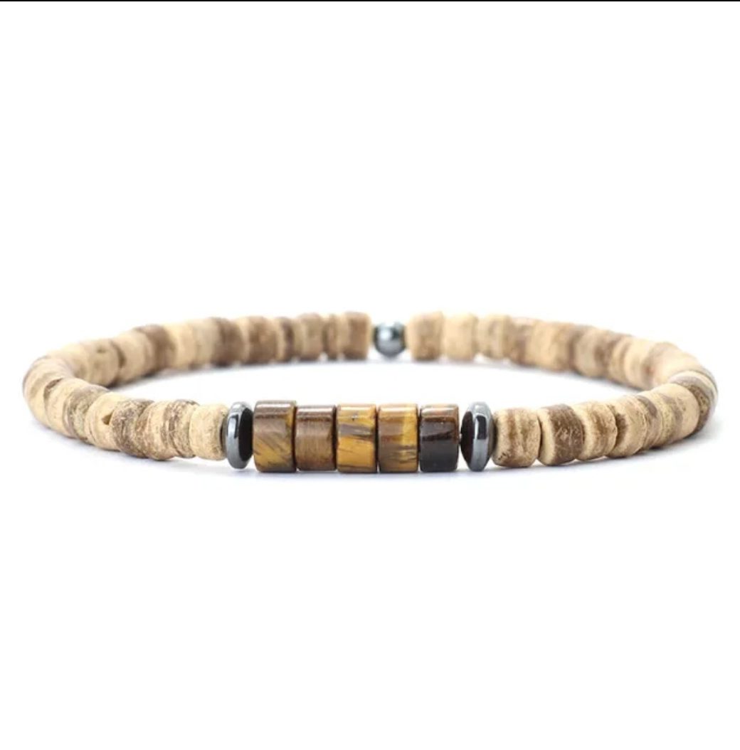 Handgemaakte edelsteen heren sieraden set - ketting en armband - bamboe en Tijger Oog 2st - Afbeelding 4