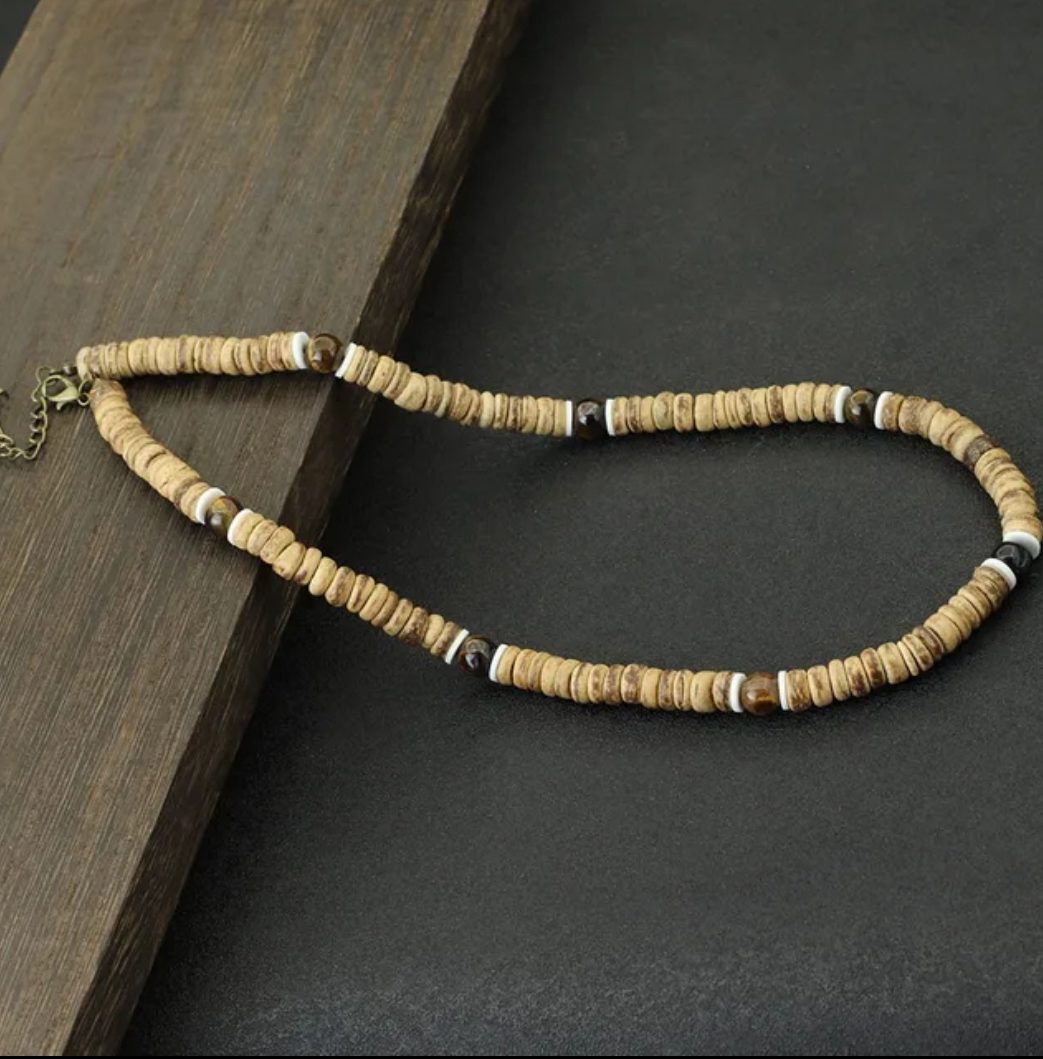 Handgemaakte edelsteen heren sieraden set - ketting en armband - bamboe en Tijger Oog 2st - Afbeelding 3