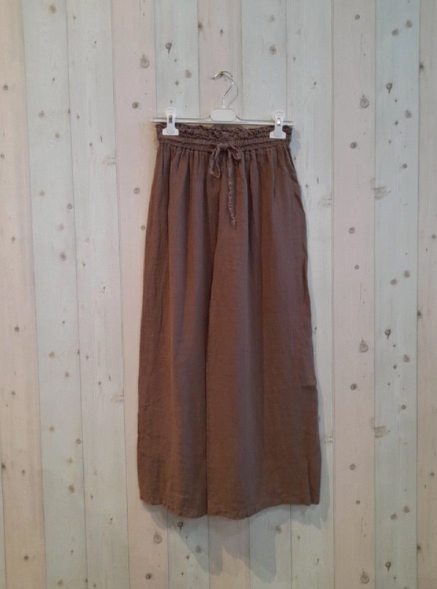 Linnen broek met brede pijpen - elastische talie - kleur BRUIN - Maat 38/40