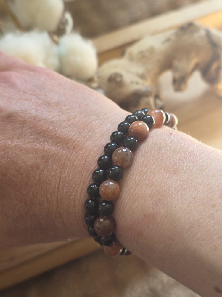 Handgemaakte dubbele edelsteen armbanden - Bruin Agaat en onyx - voor dames en mannen