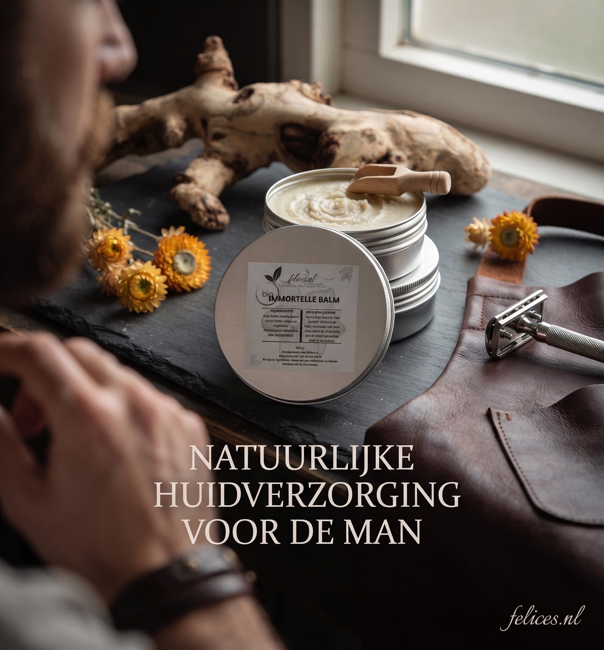 Handgemaakt biologische heren gezicht zalf aftershave balsem met IMMORTELLE - shea boter en lijnzaad 100gr