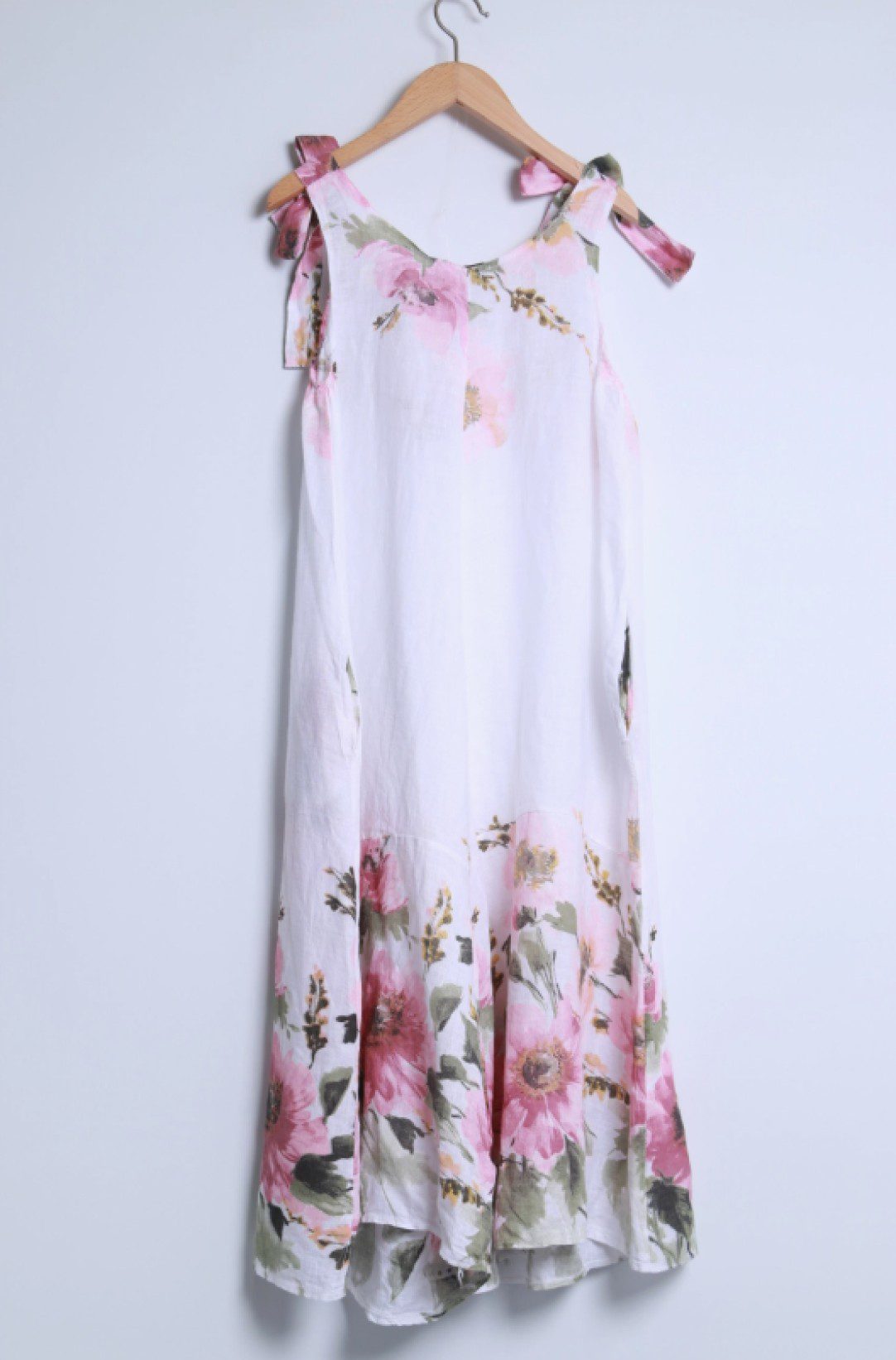100% Linnen jumpsuit met geknoopte schouders en bloemenprint - v-hals - zijzakken WIT - maat M/L