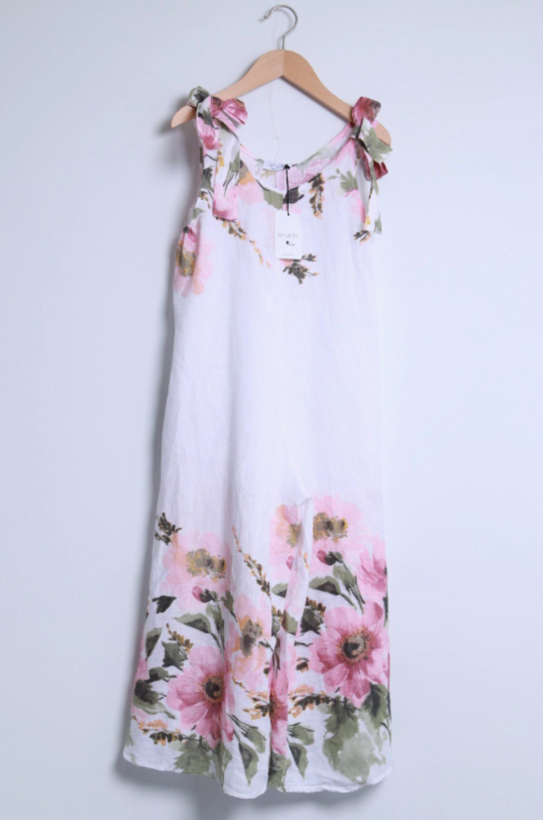 100% Linnen jumpsuit met geknoopte schouders en bloemenprint - v-hals - zijzakken WIT - maat M/L