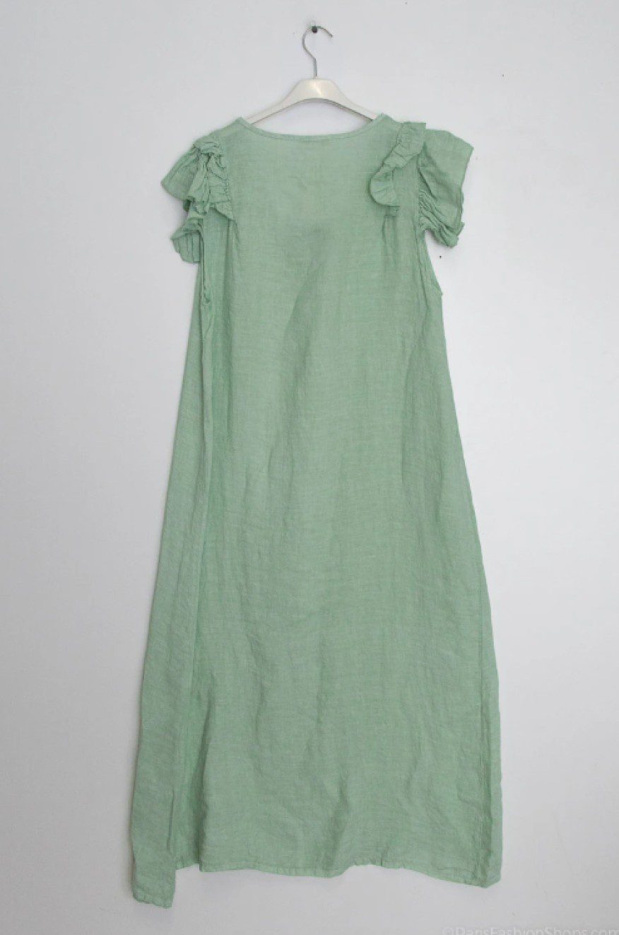 Linnen Zomer comfortabele lange jurk met ruchesmouwen - v-hals - Aqua Marine - maat M