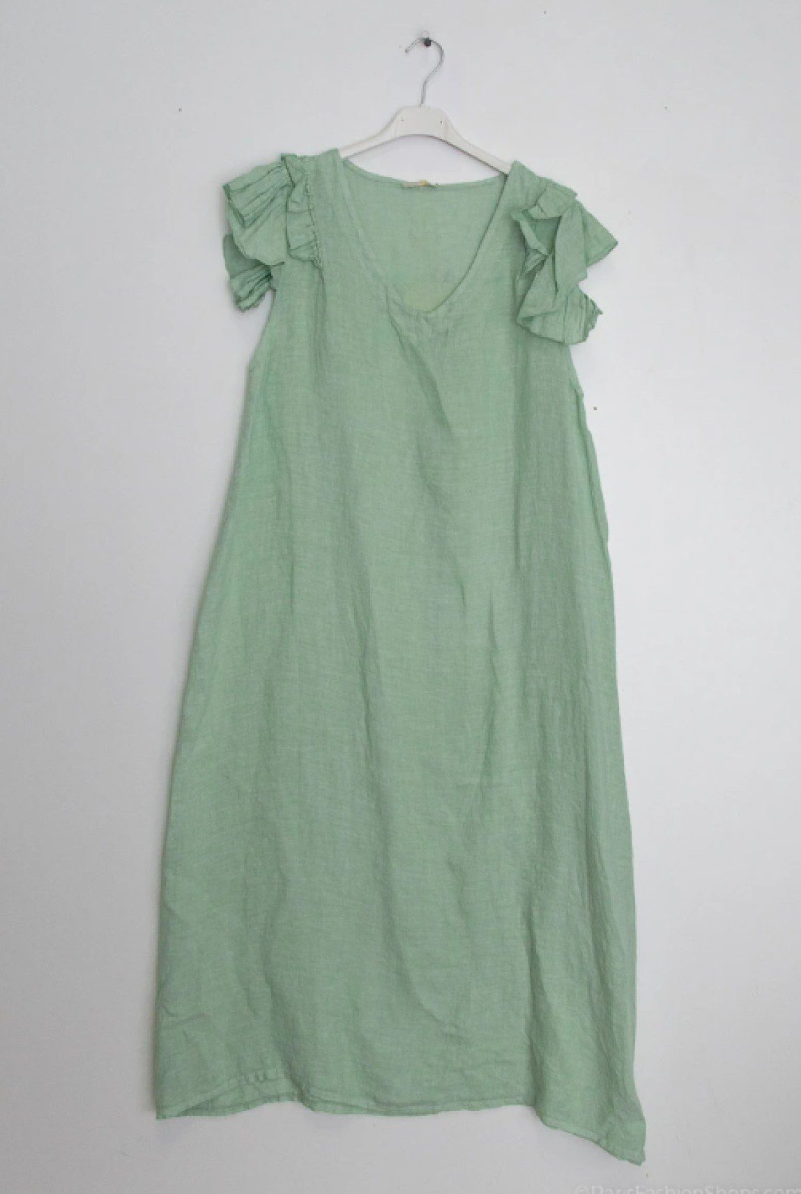 Linnen Zomer comfortabele lange jurk met ruchesmouwen - v-hals - Aqua Marine - maat M