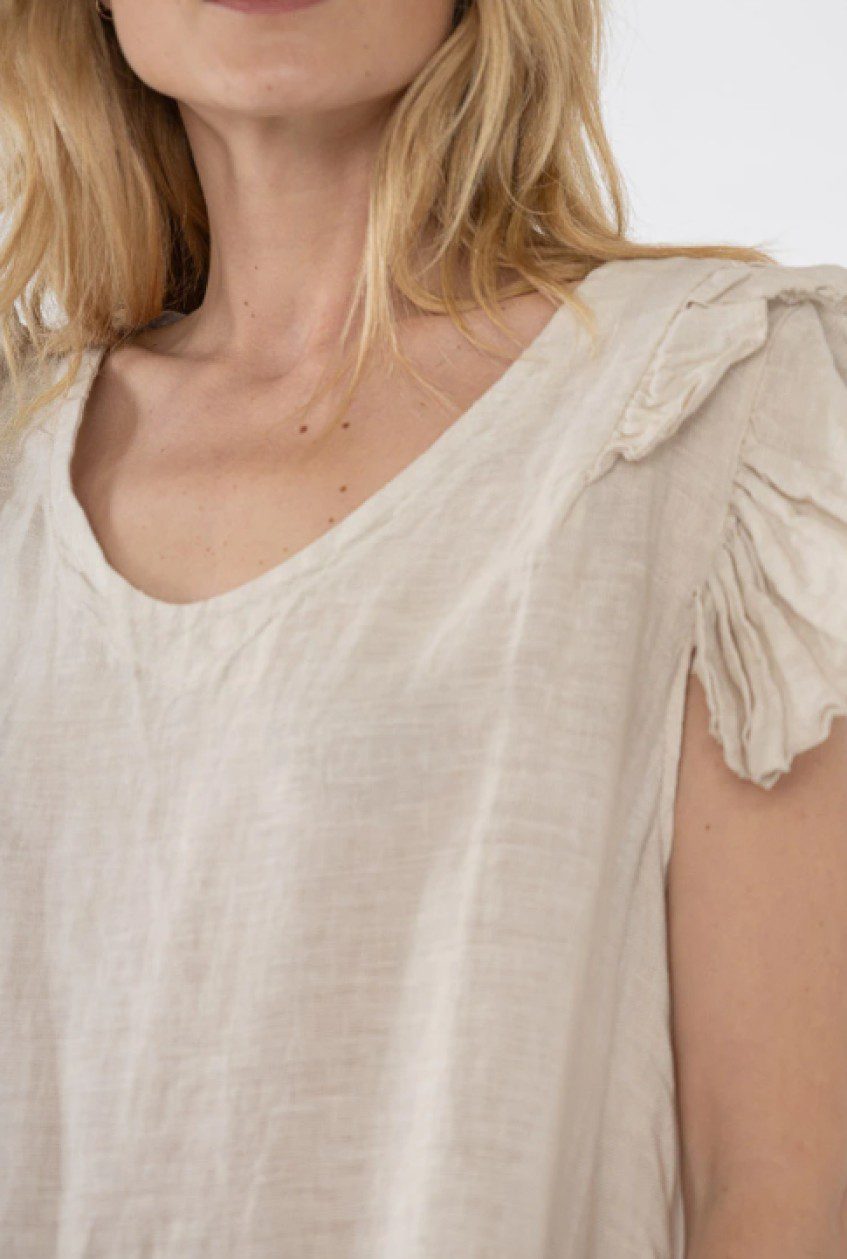Linnen Zomer comfortabele lange jurk met ruchesmouwen - v-hals - BEIGE - maat M