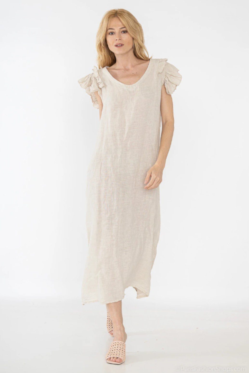Linnen Zomer comfortabele lange jurk met ruchesmouwen - v-hals - BEIGE - maat M