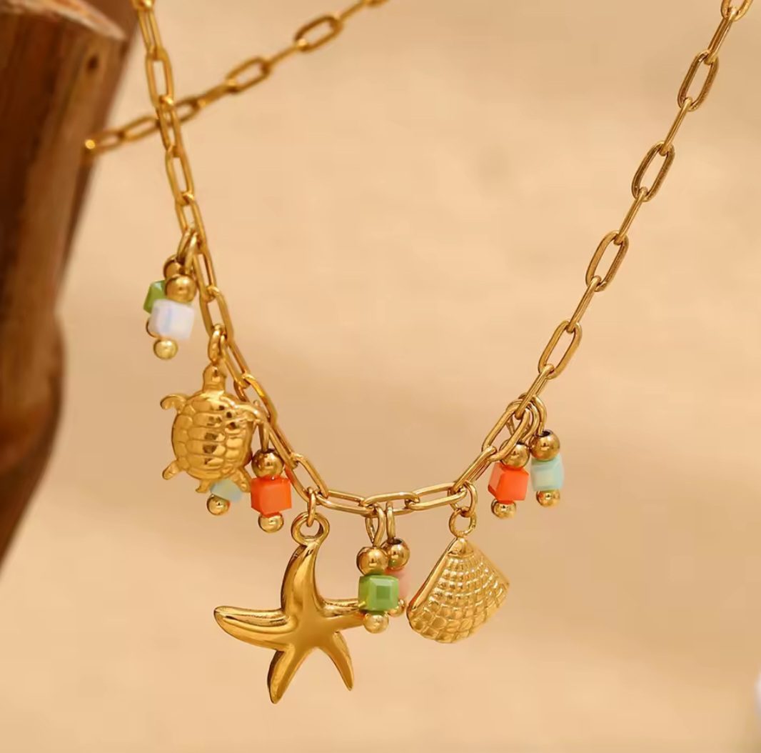 Boho kleurrijke ketting in gouden tinten - leuke hangers - roestvrij staal