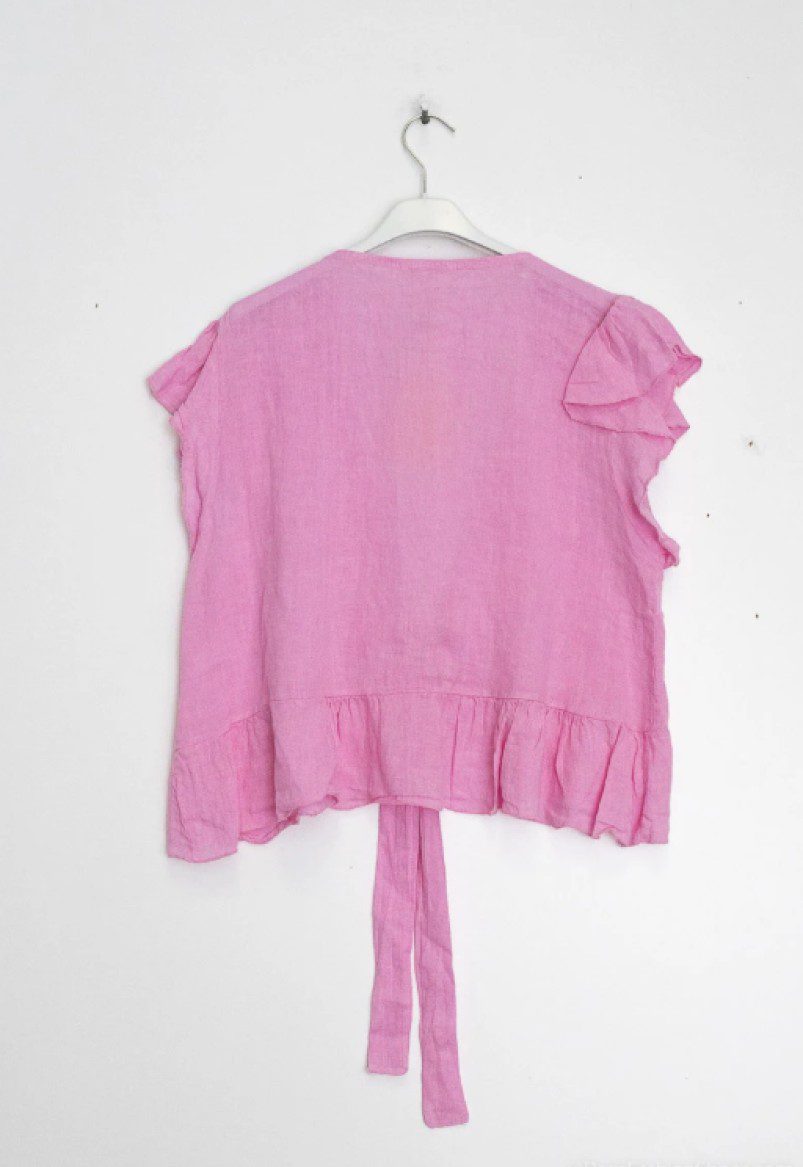 Linnen korte vest met cup mouwtjes - ruches - geknopt - crop bolero - ROZE kleur - Maat 38/40