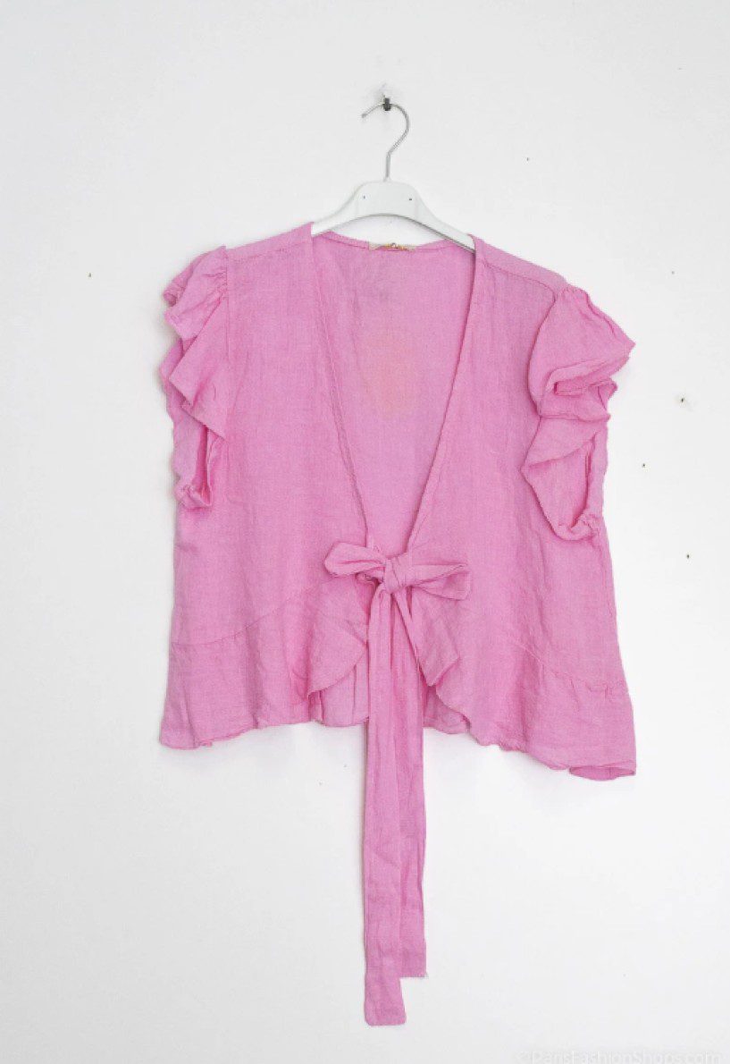 Linnen korte vest met cup mouwtjes - ruches - geknopt - crop bolero - ROZE kleur - Maat 38/40