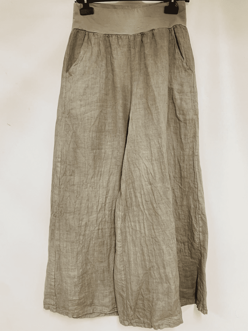 Linnen broek met zijzakken - KAKKI kleur - elastische talie en brede pijpen Maat 40/42