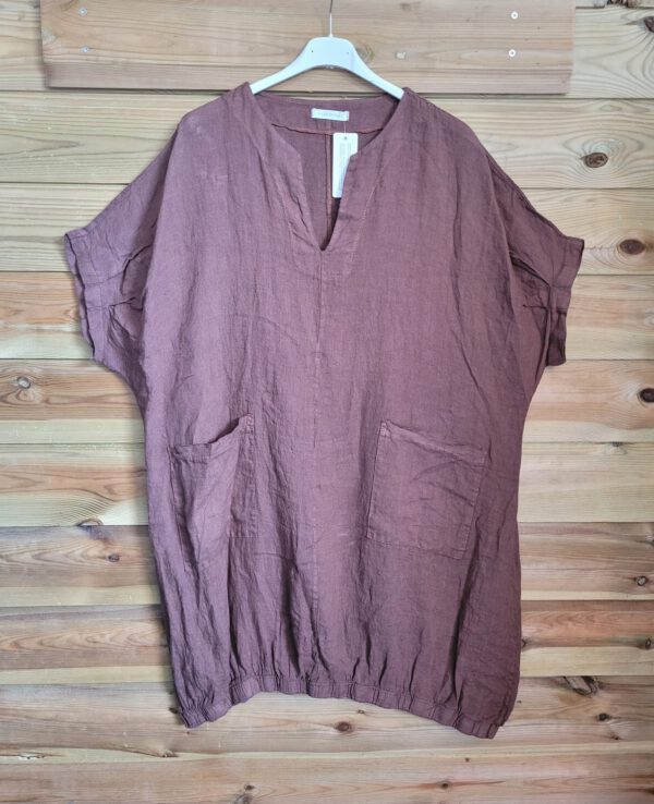 Comfortabele linnen jurk met zakken en raglan mouw , kleur BRUIN, maat 44